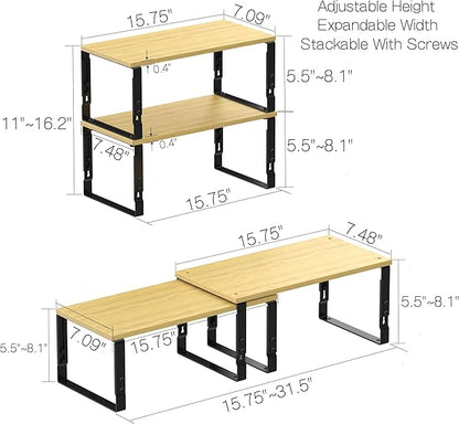 Expandable Kitchen Cabinet Organizer Shelves – Stackable Adjustable Metal and Wood Storage Racks for Countertop, Pantry, Garage Set of 2 Spice Rack – Easy Assembly, Space-Saving(2 Packs/Large/Black)