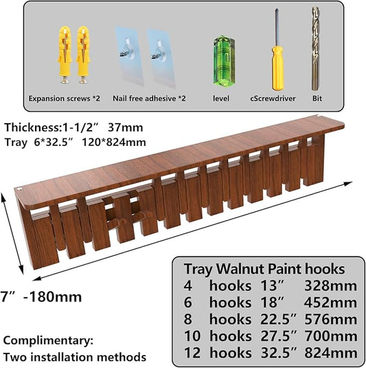 Wall Mounted Coat RackHooks Piano Key Hangers Natural Solid Wood Hanger Non-Woven Fabric Clothes Hangers for Closet, Kitchen, Bedroom, Bathroom, Entryway (Tray Walnut-Beech, 8 Hooks)