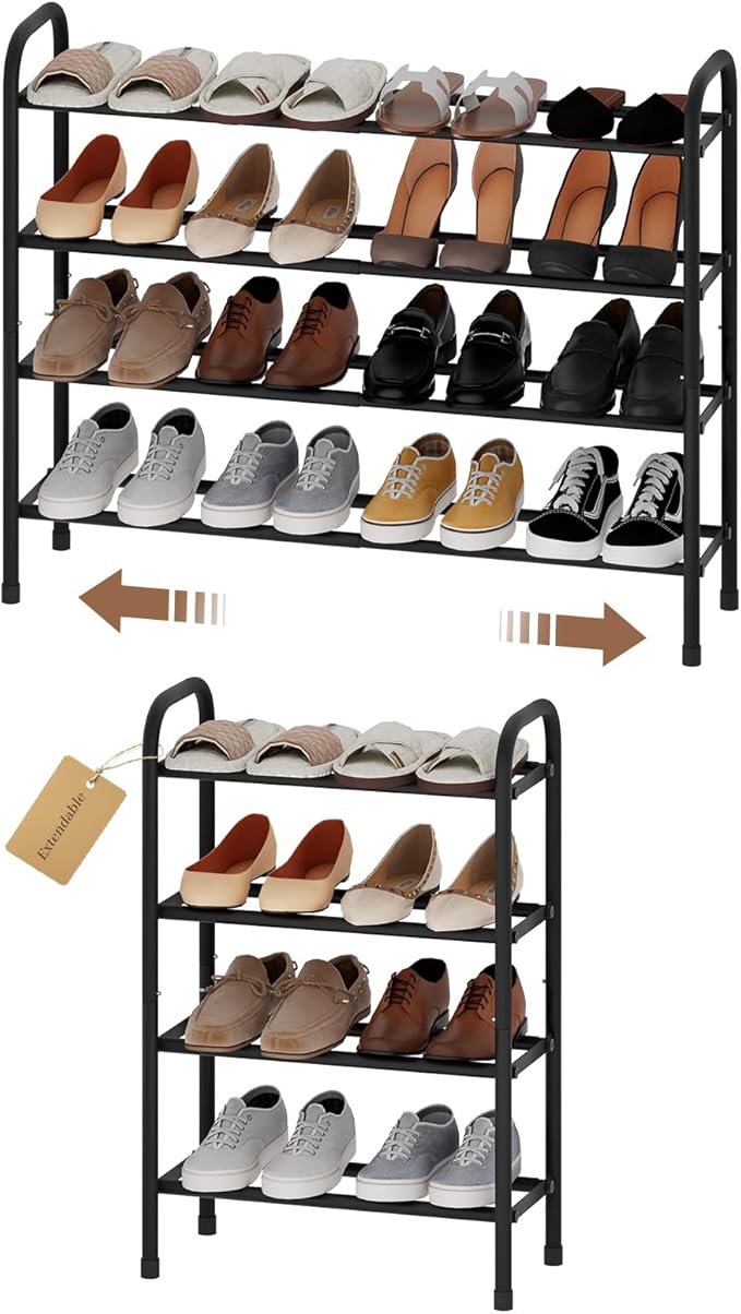 Expandable Shoe Rack, 4-Tier Metal Small Shoe Rack, Adjustable Shoes Organizer, Storage Shelf for Closet, Entryway, Black