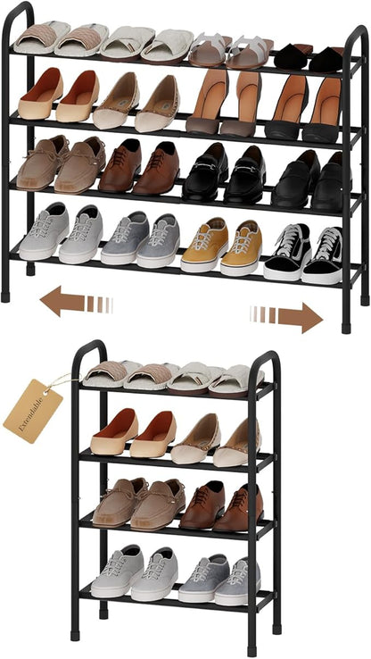 Expandable Shoe Rack, 4-Tier Metal Small Shoe Rack, Adjustable Shoes Organizer, Storage Shelf for Closet, Entryway, Black