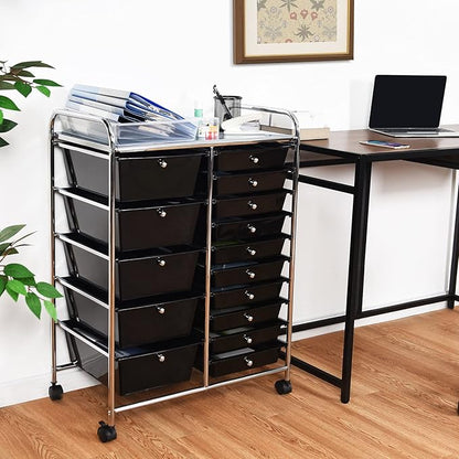 KOTEK 15-Drawer Rolling Storage Cart, Multipurpose Mobile Utility Cart with 4 Wheels, Home Office School Tools Scrapbook Paper Organizer (Black)