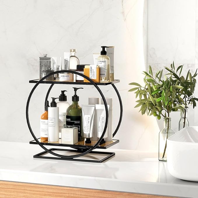 YIWANFW Perfume Organizer for Dresser, Black Bathroom Counter Organizer, 2 Tier Vanity Makeup Organizer, Bathroom Organizer and Storage for Skincare Cosmetic Perfume Display Stand for Bedroom Decor