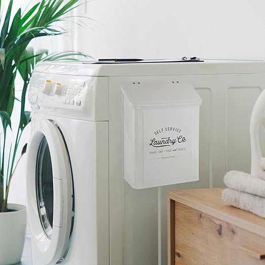 Magnetic Lint Bin for Laundry Room, Metal Trash Can with Lid for Dryer, Farmhouse Lint Holder, Laundry Co Sign, Laundry Room Storage Decor with Dryer Lint Brush(White)