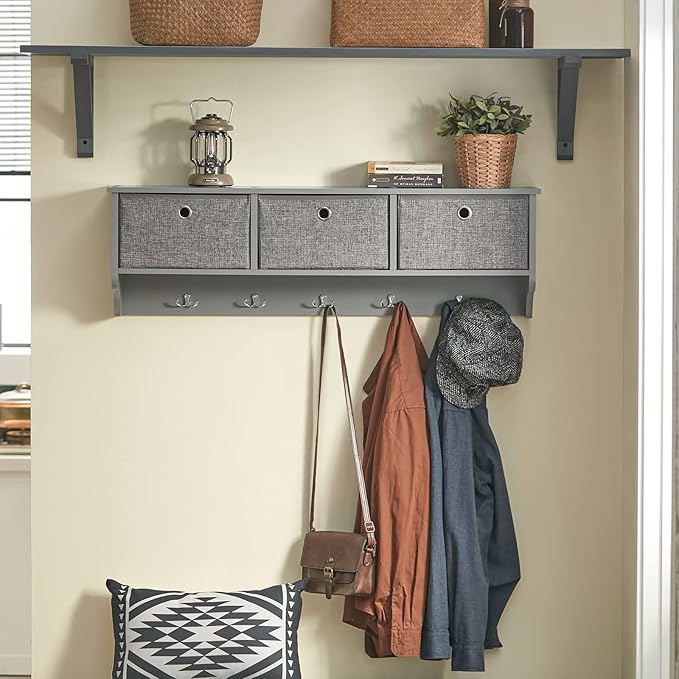 SoBuy Wall Shelf with Hooks, Coat Rack Wall Mount with Shelf Entrywall Storage Cabinet Unit with 3 Baskets 5 Hooks, Grey, FRG282-HG