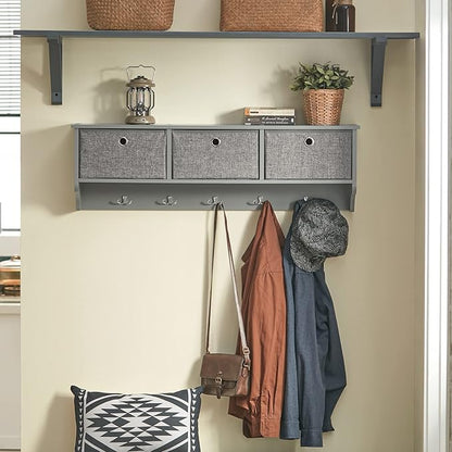 SoBuy Wall Shelf with Hooks, Coat Rack Wall Mount with Shelf Entrywall Storage Cabinet Unit with 3 Baskets 5 Hooks, Grey, FRG282-HG