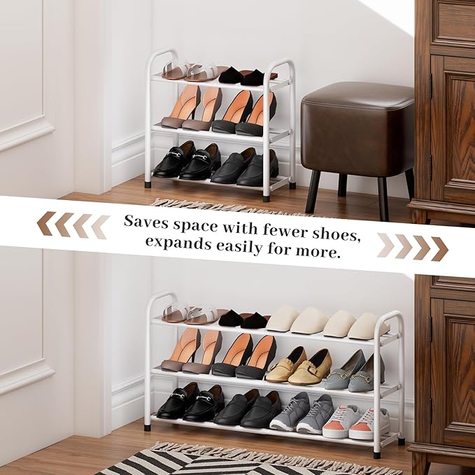 Expandable Shoe Rack, 3-Tier Metal Small Shoe Rack, Adjustable Shoes Organizer, Storage Shelf for Closet, Entryway, White