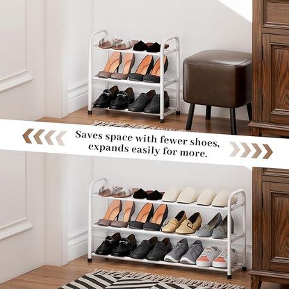 Expandable Shoe Rack, 3-Tier Metal Small Shoe Rack, Adjustable Shoes Organizer, Storage Shelf for Closet, Entryway, White