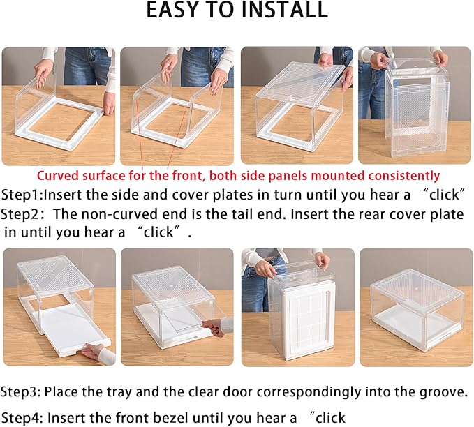 Tangyinus 2 Pack Clear Shoe Boxes - Stackable Sneaker Display Case with Sliding Tray and Door, Large Shoe Containers Up to Fit Size 14, Plastic Shoe Storage Box, Great Hat Organizer for Baseball Caps