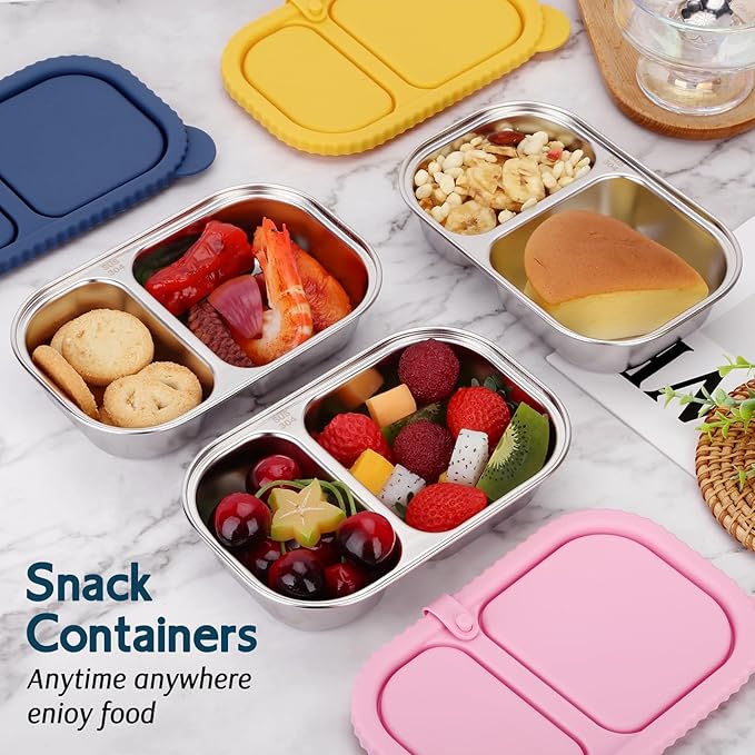 3 Pack Stainless Steel Snack Containers with Silicone Lids, Meal Prep Containers, Reusable 2 Compartment Food Storage Containers, Stainless Steel Box for Lunch, Office, Travel