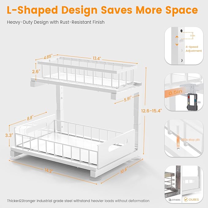 Toyear Under Sink Organizer, Heavy Duty Metal Pull Out Cabinet Organizer Slide Out Sink Shelf Organizer Height Adjustable, Multi-Purpose Storage Shelf for Kitchen Bathroom(White,1Pack)