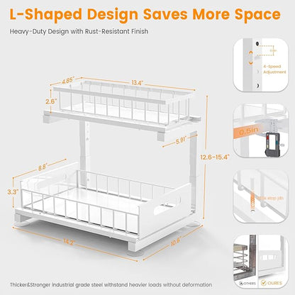 Toyear Under Sink Organizer, Heavy Duty Metal Pull Out Cabinet Organizer Slide Out Sink Shelf Organizer Height Adjustable, Multi-Purpose Storage Shelf for Kitchen Bathroom(White,1Pack)
