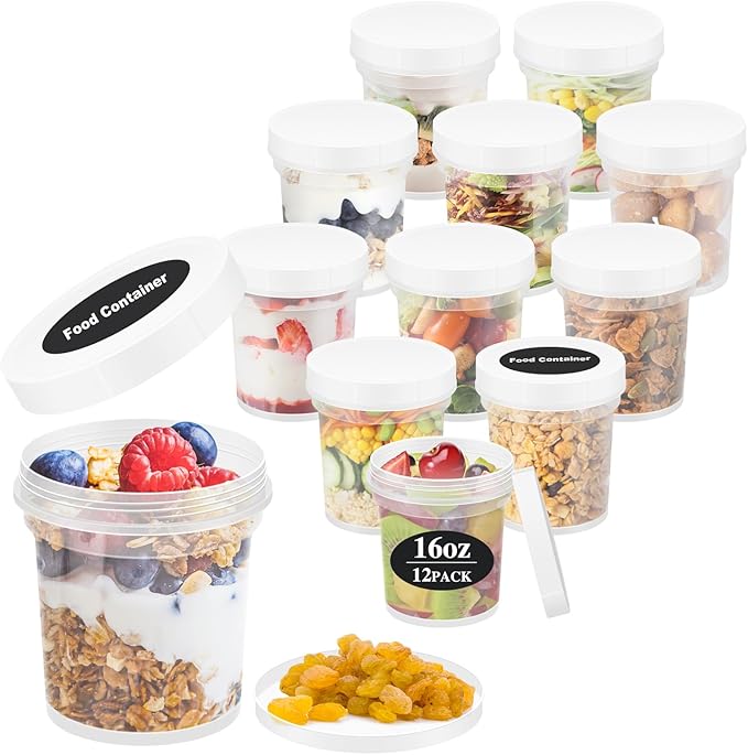 16oz 12Pack Reusable Freezer Food Storage Containers with Airtight Twist Top Lid. Overnight Oats Container with Lids BPA-Free. Plastic Soup Deli Container with Lids Microwave/Dishwasher/Freezer Safe