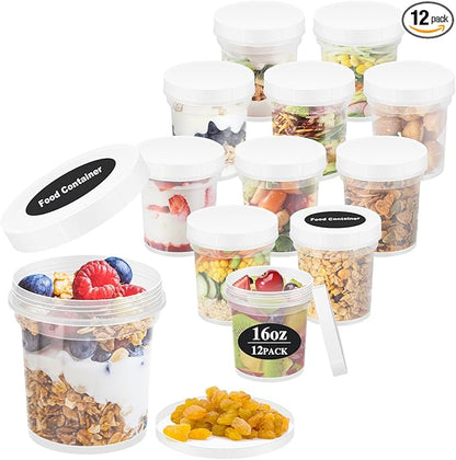 16oz 12Pack Reusable Freezer Food Storage Containers with Airtight Twist Top Lid. Overnight Oats Container with Lids BPA-Free. Plastic Soup Deli Container with Lids Microwave/Dishwasher/Freezer Safe