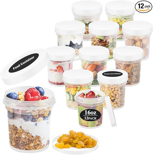 16oz 12Pack Reusable Freezer Food Storage Containers with Airtight Twist Top Lid. Overnight Oats Container with Lids BPA-Free. Plastic Soup Deli Container with Lids Microwave/Dishwasher/Freezer Safe