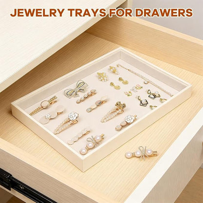 JETEHO Beige Velvet Jewelry Trays for Drawers Black Jewelrys Display Tray Stackable Jewelry Organizer Trays for Necklace Bracelet Ring Watch (4 Pack)