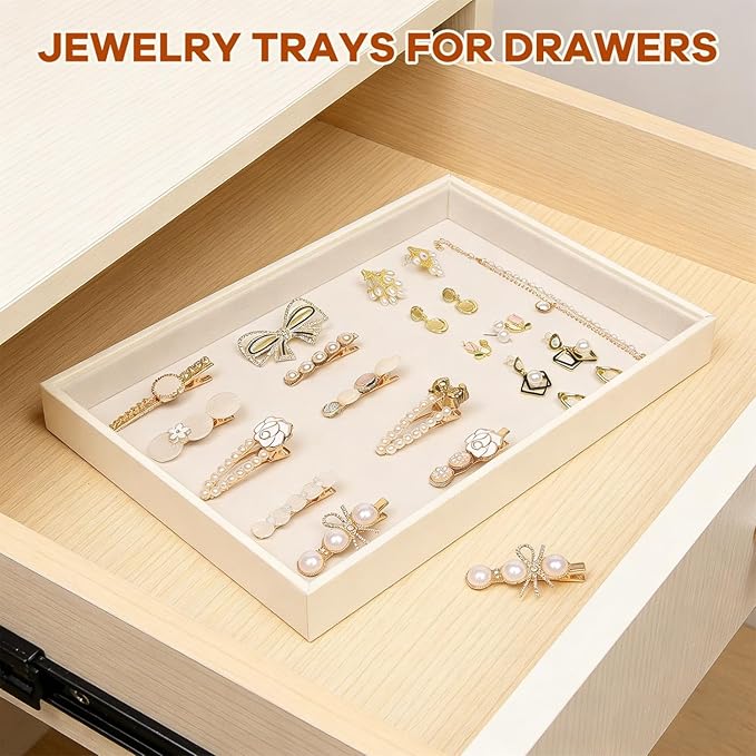 JETEHO Beige Velvet Jewelry Tray for Drawers Jewelrys Display Tray Stackable Jewelry Organizer Trays for Necklace Bracelet Ring Watch (1 Pack)
