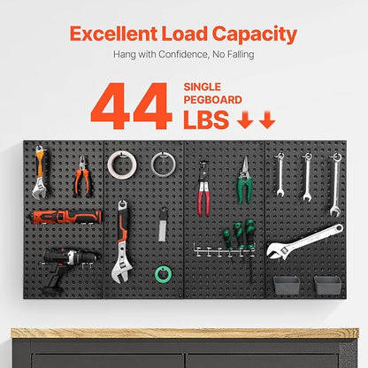 VEVOR Metal Pegboard Panels, 24" x 12" Pegboard, 4 Panels, Heavy Duty Peg Board Wall Organizer with Accessories, for Living Room Garage Tool Storage Office Organization Craft Room Kitchen Home, Black