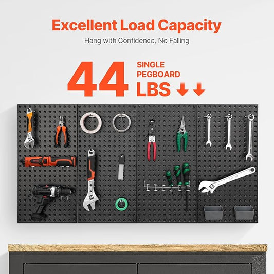VEVOR Metal Pegboard Panels, 24" x 12" Pegboard, 4 Panels, Heavy Duty Peg Board Wall Organizer with Accessories, for Living Room Garage Tool Storage Office Organization Craft Room Kitchen Home, Black
