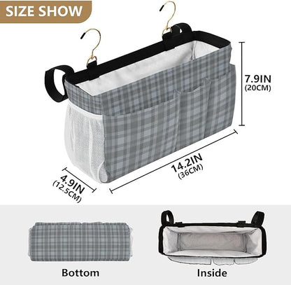 CuwrYet Bedside Caddy Hanging Bunk Bed Caddy Bed Organizer Hanging Pocket with 2 Hooks Bedside Storage Organizer Pocket Bag Holder Grey Plaid