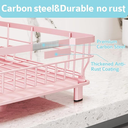 Ricobes Dish Drying Rack - Space Saving Dish Rack - Dish Racks for Kitchen Counter with Drainboard,Rustproof Dish Drainer with Removable Utensil Holder,Pink