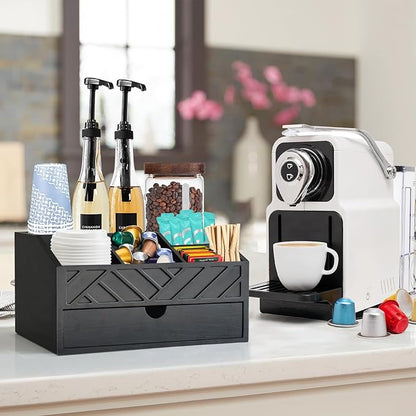 Coffee Bar Organizer with Drawer, Coffee Station Organizer for Countertop, Wood Coffee Bar Accessories Organizer for Coffee Bar Decor, Farmhouse Cup Pod Holder Condiment Organizer(Black)