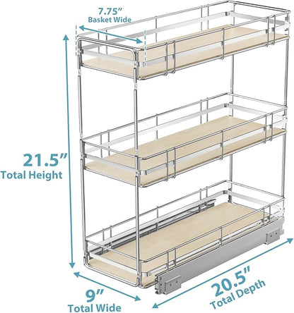 Pull Out Spice Rack Cabinet Organizer 9" W x 20½" D, 3 Tier Heavy Duty Slide Out Wood Shelf for Narrow Cabinet, Pull Out Storage for Kitchen