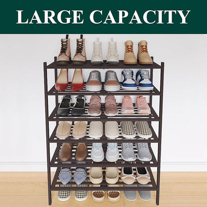 Smiry Bamboo Shoe Rack 6-Tier, Stackable Wooden Shoe Organizer for Entryway & Closet, Free Standing Wood Shoe Storage Shelf for Front Door & Small Spaces, Brown