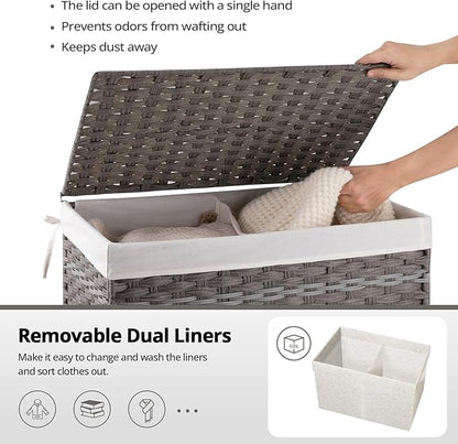 OIAHOMY Storage Basket with Lid, 27.7 Gallon (105L) Blanket Basket with Removable Liner Bag, Synthetic Wicker Hamper with Handle, Hamper for Living Room, Grey