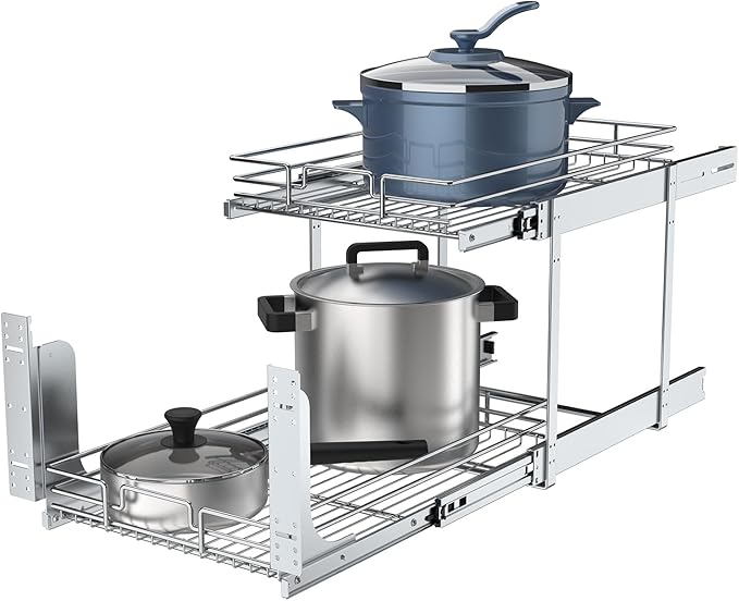 2 Tier Pull Out Cabinet Organizer, 26" W x 21" D Heavy-Duty Metal Sliding Drawer Shelf for Kitchen Cabinets, Chrome, Doesn't Include Door Fittings