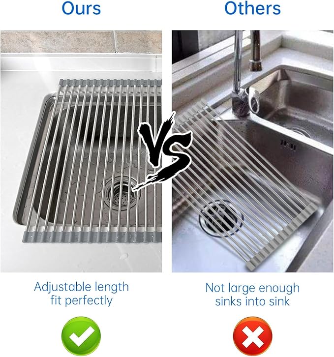 AXIMIXAME Expandable Large Draining Rack, Roll Up Heat-Resistant Dish Drainer for Stainless Steel Sinks, Collapsible Over The Sink Rack Non-Slip Silicone Rolling Up Rack 18 Tube