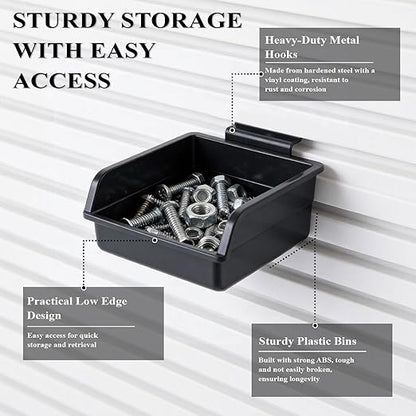 12 Pack Slatwall Bins with Hooks and Labels, Plastic Slatwall Accessories Boxes for Slat Wall Panels, Slat Wall Storage Bin Containers Organizers for Hardware, Garage, Craft Room, Tool Shed