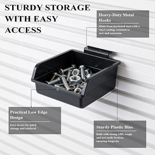 12 Pack Slatwall Bins with Hooks and Labels, Plastic Slatwall Accessories Boxes for Slat Wall Panels, Slat Wall Storage Bin Containers Organizers for Hardware, Garage, Craft Room, Tool Shed