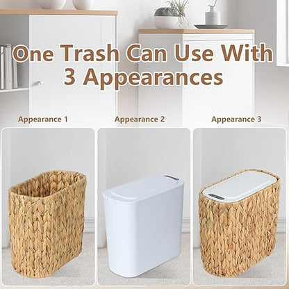 Boho Kitchen Trash Can with Lid,3.5 Gallon Automatic Small Rattan Trash Can,Slim Wicker Motion Sensor Garbage Can and Hamper 2 in 1 for Bathroom,Narrow Waste Basket for Office, Living Room