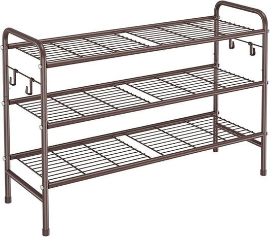 3 Tier Shoe Rack 33" Wide Metal Shoe Organizer Long Shoe Storage with 4 Side Hooks Sturdy Shoes Shelf for Front Door Entrance, Closet, Garage, Dorm, Brown