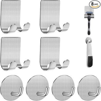 Diesisa Razor Holder for Shower + Adhesive Wall Hooks, Premium 304 Stainless Steel Shower Razor Holder with Heavy Duty Waterproof Sticky Hooks for Hanging Towels, Coat, hat (4+4 Pack)