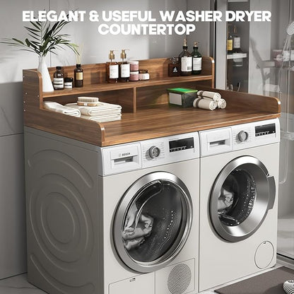 2-Tier Washer and Dryer Countertop with 2.75" H Guard,54" W x 27.5" D Laundry Countertop Cover with Non-Slip Pad,Large Space Laundry Topper for Folding Clothes Over Washer and Dryer-Dark Walnut