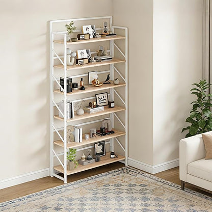JSB Folding Bookshelf,Industrial Storage Shelves, No Assembly Vintage Wood Look Bookshelf with Storage Shelves for Living Room, Bedroom, Office (White, Wide 6-Tier)