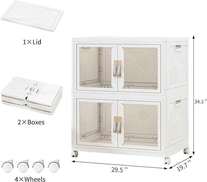 Vavkorkula Large Stackable Storage Bins with Lids, 330QT-165QT*2Tier Foldable Cabinet for Closet Organizers, Plastic Storage Containers Box with Wheels