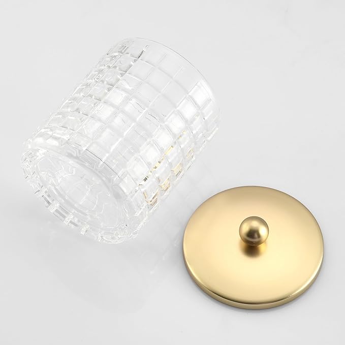 Indecor Home Clear Tranparent Apothecary Etched Geometric Grid Glass Jar W/Gold Metal Lid Cover for Bathroom Organization, Cotton Balls, Q Tips, and Small Accessories, Bathroom Storage
