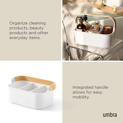 Umbra Bellwood Stackable Bin, 11" x 7" Durable Lightweight Container with Wooden Handle and Removable Dividers, White/Natural