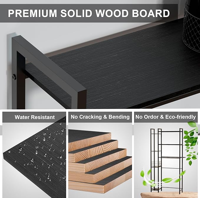 QOOIE Over The Toilet Storage with Wooden Shelves and Side Rack, 7-Tier Black Over Toilet Bathroom Organizer Freestanding Storage Shelf for Toilet Paper, Towels, Toiletries, 31.5" Wide