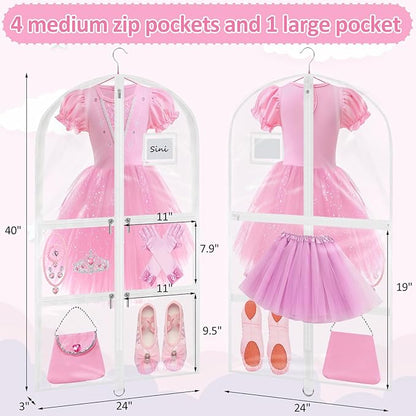 Garment Bags for Dance Costumes - 40 Inch Clear PVC with 5 Zipper Pockets (3 Pack, White) - Kids Dance Garment Bag for Dancers, Hanging Clothes Storage, Competitions & Travel (‎Clear White)