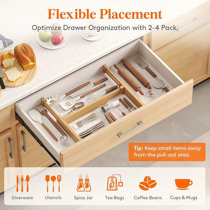Lifewit 4 Pack Bamboo Drawer Dividers 2.4" High, 13-16.5" Kitchen Drawer Organizers, Adjustable Wooden Drawer Dividers for Clothes, Expandable Drawer Separators for Dresser, Bedroom, Bathroom, Cabinet