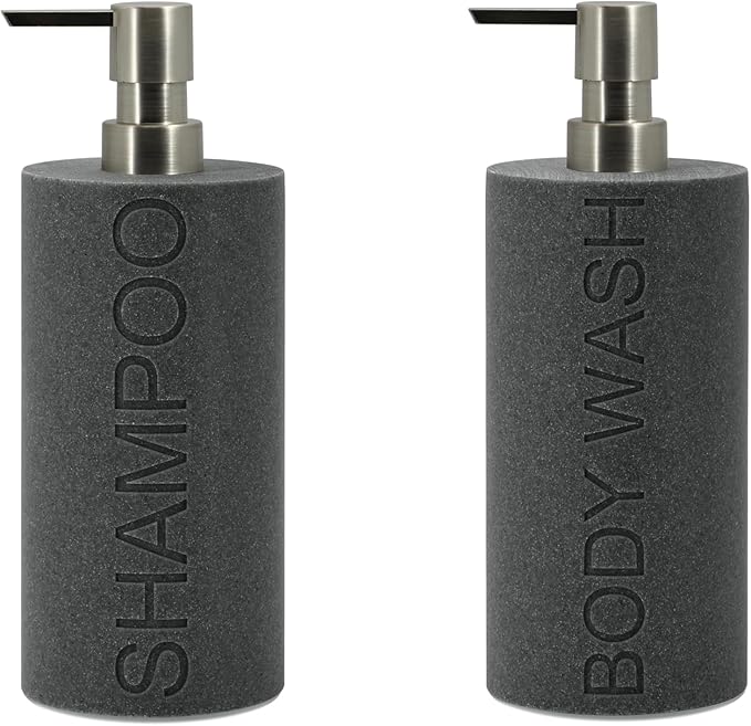 Indecor Home Resin 2 Pack Shampoo, Conditioner or Body Wash Dispenser Set, Luxurious Refillable Pump Bottles with Matte Pump Top and Embossed Text, Durable Design for Bathroom and Shower