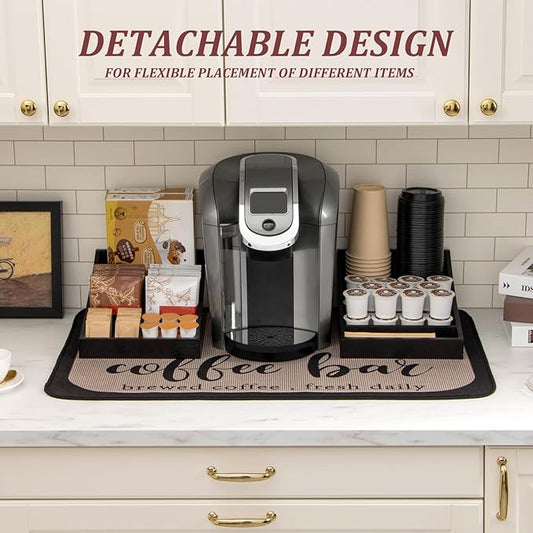 Coffee Station Organizer for Countertop, Condiment Service Organizer, Coffee Bar Supplies Caddy for Home, Office and Breakroom - Wooden, Black, 9 Compartment, Two-in-One