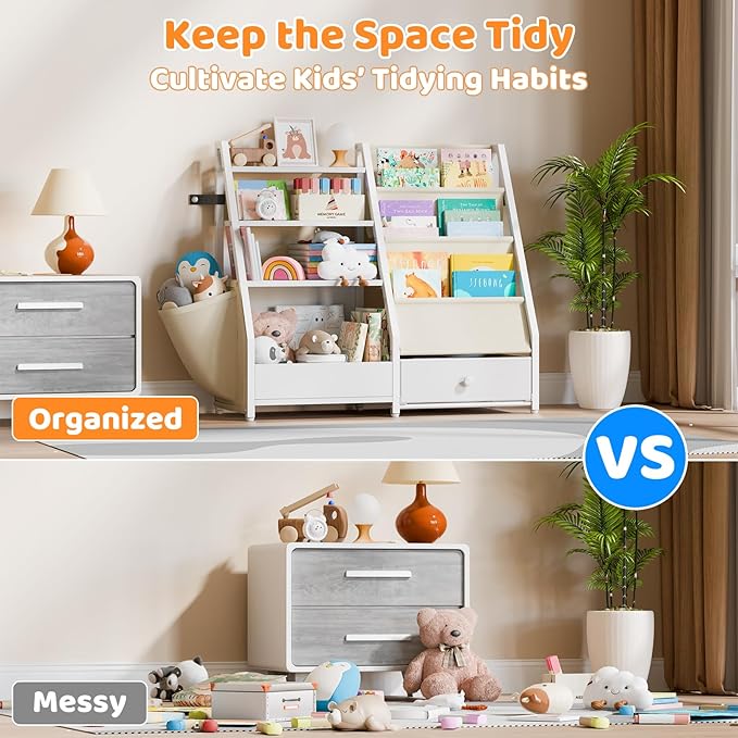 Kids Bookshelf and Toy Storage - Book Shelf for Kids Rooms, Toddler Bookshelf Baby Bookcase for Nursery, Montessori Toy Organizer, White