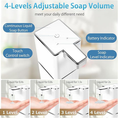 JEMISUN Automatic Liquid Soap Dispenser Touchless Soap Dispenser 380ml/12.8oz Rechargeable, Wall Mounted,4 Levels Adjustable Auto Soap Pump for Bathroom Kitchen Dish Soap