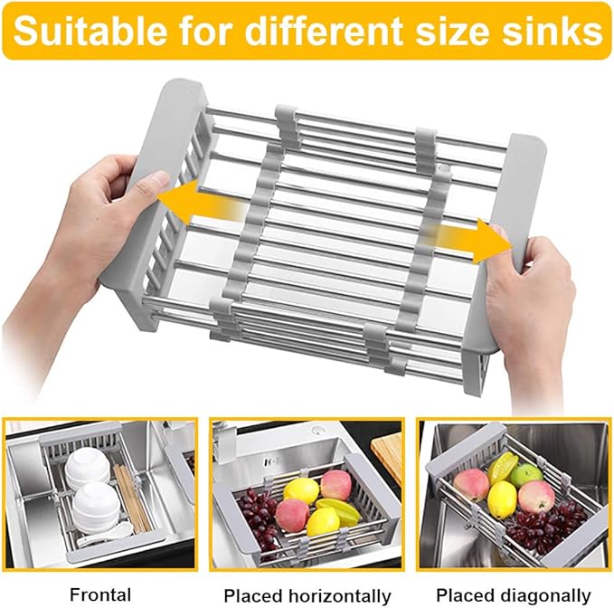 LUEXBOX Expandable Dish Drying Rack Over The Sink, Stainless Steel Drainer Basket with Adjustable Arms for Vegetable and Fruit (Grey)
