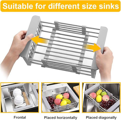 LUEXBOX Expandable Dish Drying Rack Over The Sink, Stainless Steel Drainer Basket with Adjustable Arms for Vegetable and Fruit (Grey)