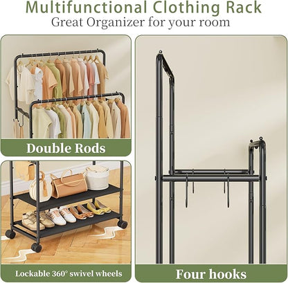 Simple Trending Heavy Duty Clothes Rack, Rolling Clothing Rack for Hanging with 2 Fabric Shelves, Portable Garment Rack Load 400 LBS, Black